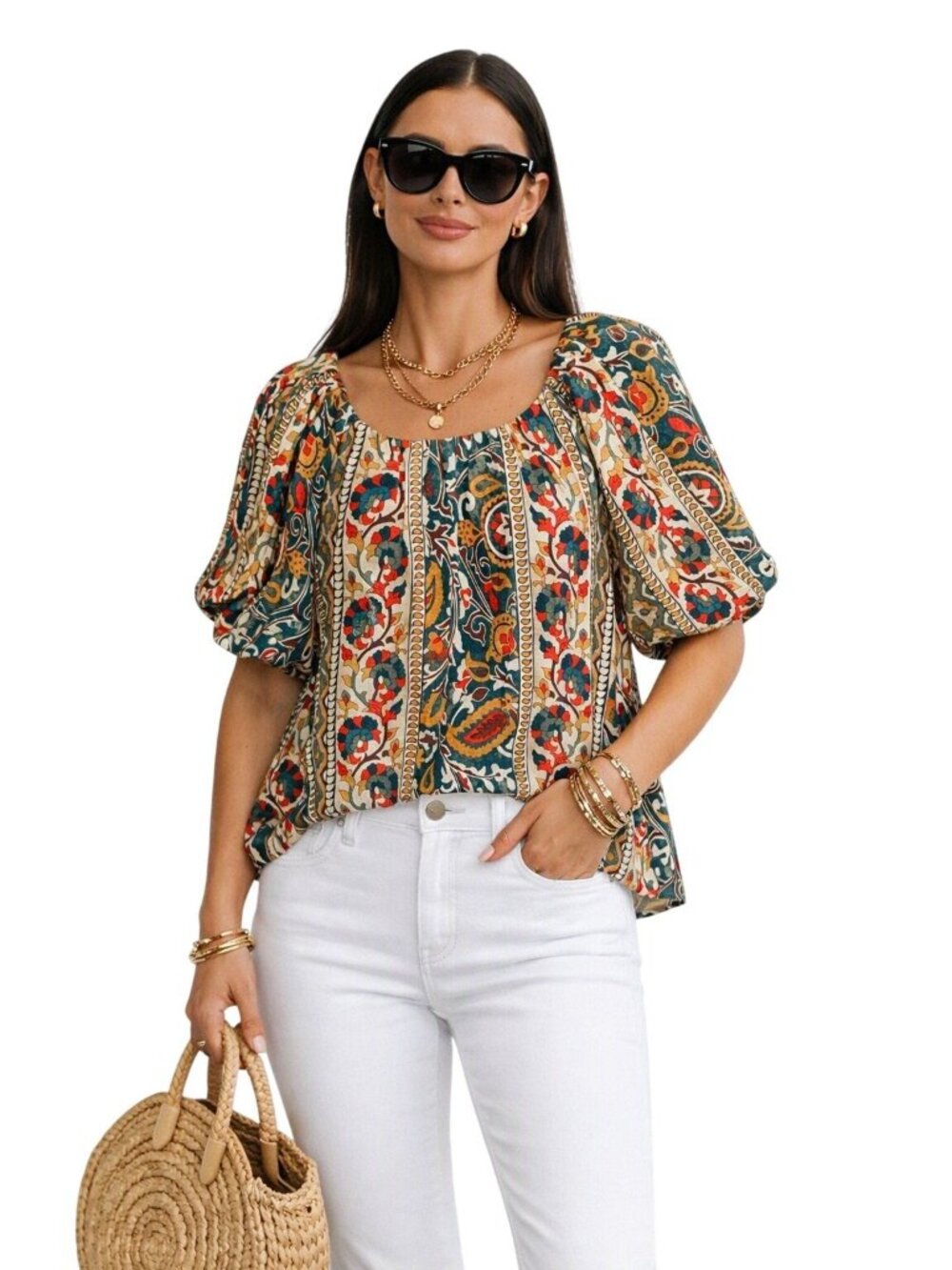 Umgee Womens S Mint Julip Boho Floral Print Top Puff Sleeves Paisley Multicolor
